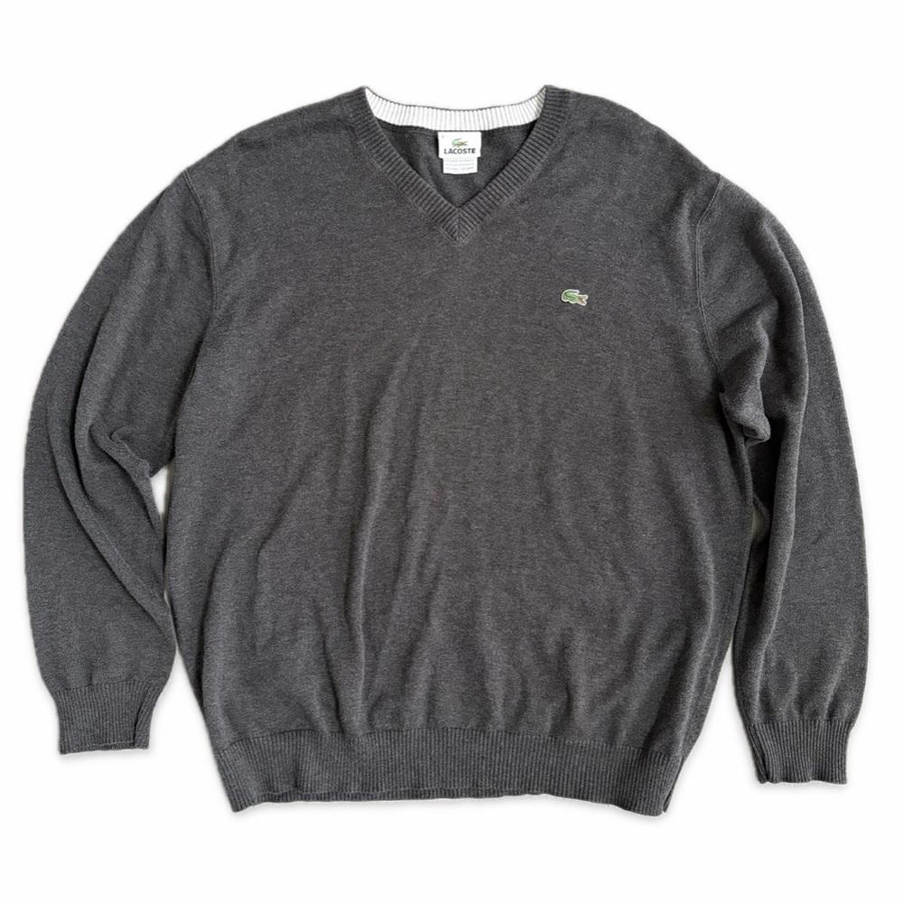 Lacoste 100% Cotton V-Neck Sweater Men’s Size 6 (XL) Gray Long Sleeve Classic